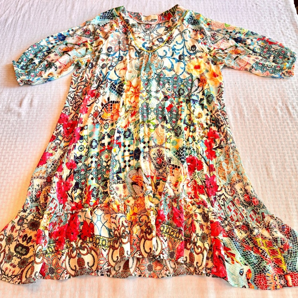 True Colours by La Moda Floral Mosaic Boho Silk Dress L/XL Multi Color V-Neck